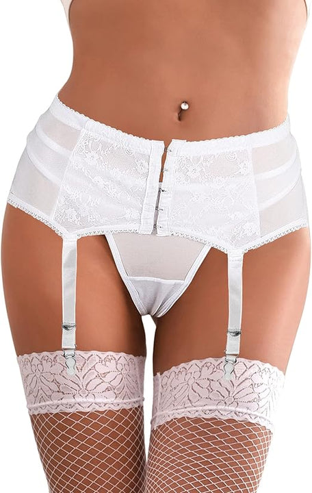 ohyeahlady Women Stretchy Lace Suspender Belt Mesh Garter Plus Size Lingerie Set with 6 Wide Straps Metal Clip for Stockings (G-String Included) 20-22