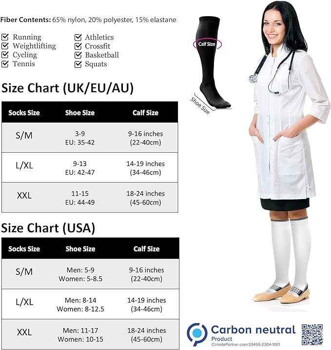 aZengear Compression Socks (20-30mmHg) Anti DVT Air Flying Knee-High Flight Travel Stockings, Swollen Legs, Varicose Veins, Running, Shin Splints Calf Pressure Support, Sports