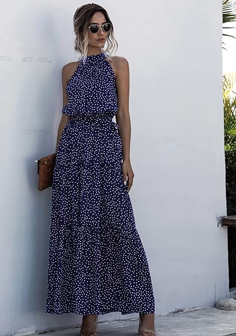 EFOFEI Women's Sleeveless Long Summer Dress Off Shoulder Elegant Dress Plain Swing Dress Halterneck Maxi Evening Dress, Royal Blue Polka Dot, L