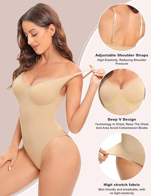 Niwicee Shapewear Bodysuit for Women Tummy Control Body Shaper Seamless Sculpting Bodysuit Adjustable Straps V-Neck Leotard Shapewear Sleeveless Jumpsuit Tops Skims Bodysuit(Skin,L)