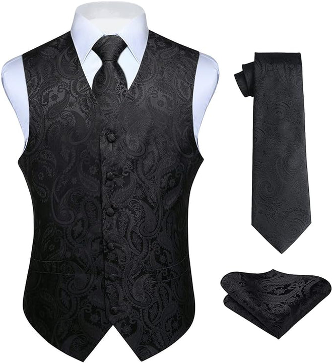 Hisdern Men's Paisley Floral Jacquard Waistcoat&Necktie and Pocket Square Vest Suit Set, Black, 3XL(Chest 54 inch)
