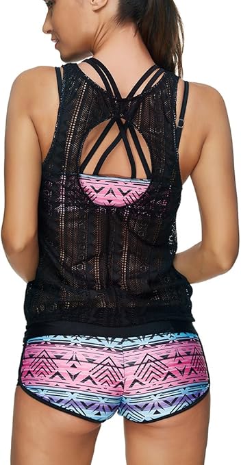 EUDOLAH Women Tribal Printed Tankini Set Soft Elastic Swimsuits with Boyshort Three Piece Bikini (L, Z Black)