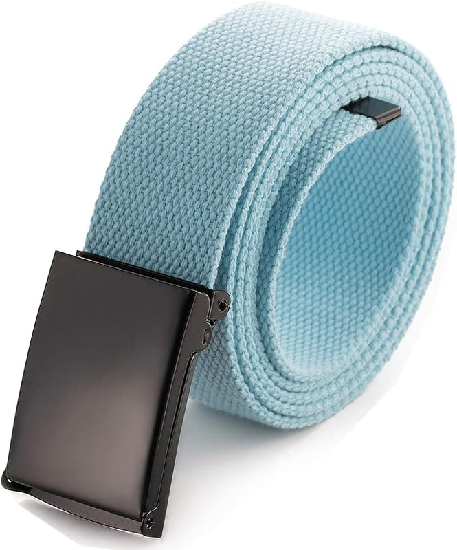Cut To Fit Canvas Web Belt Size Up to 52" with Flip-Top Solid Black Military Buckle (Sky Blue)
