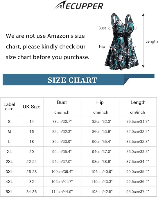 ECUPPER Womens Plus Size Skirted Swimsuit Floral Printed Swimwear Padded Swim Suit Dress with Boy Shorts