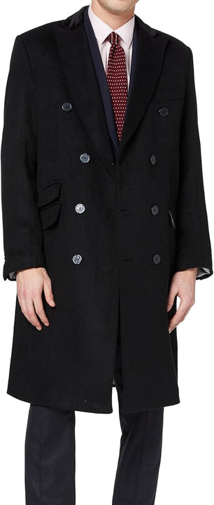 The Platinum Tailor Mens Overcoat Wool & Cashmere Greatcoat Long Double Breasted Heavy Warm Winter Coat (UK, Numeric, 42, Regular, Regular, Black-Short)