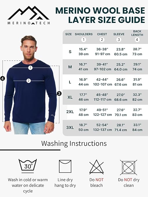 Merino.tech Merino Wool Base Layer Men - 100% Merino Wool Long Sleeve Thermal Shirts Midweight (S, 250 Navy)