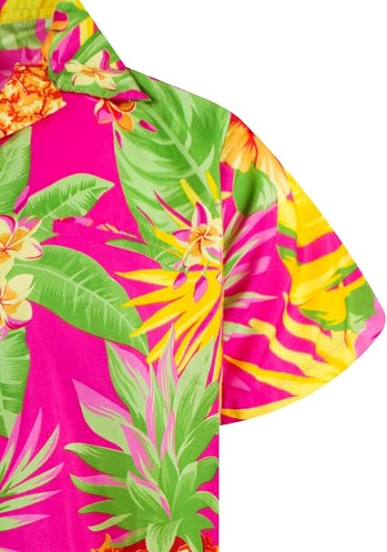 King Kameha Men's Pineapple-Designs Summer-Party-Shirts Short-Sleeve, Pineapple, Pink, S