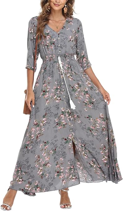 VOGMATE Womens Summer Maxi Dress Floral Boho Short Sleeve Split V Neck High Waist Drawstring Button Decoration Casual Cocktail Beach, M