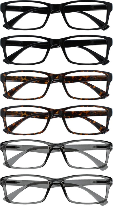 OPULIZE Pep Reading Glasses 6 Pack Classic Everyday Rectangular Frame Spring Hinges Scratch Resistant Black Brown Transparent Grey Mens Womens +2.50