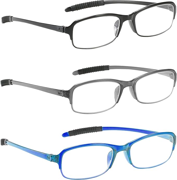 NRDIK PROFLEX SpareSpecs Reading Glasses (value 3 pack) - lightweight impact resistant, scratch resistant, bendy, flexible, anti-slip, unisex (mens + womens) (blue, black, grey; oval; +4.0)