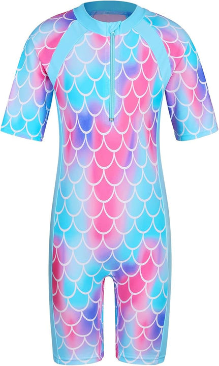 ZNYUNE Girls UV Sun Protection Swimsuit One Piece Long Sleeve UPF 50+ Sunsafe Swimwear Kids Swimming Costume with Zipper 4-12 Years S419 ScaleBlue 12A