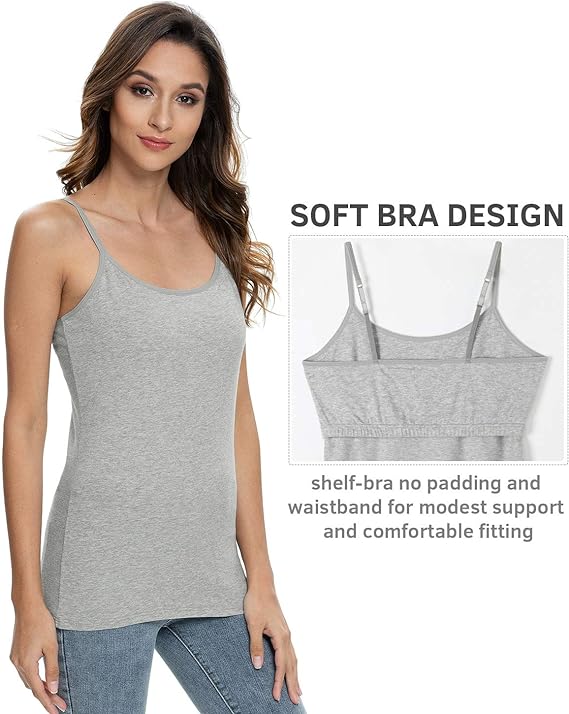 Vislivin Womens Cotton Camisole Adjustable Strap Tank Tops with Shelf Bra Stretch Undershirts Black/Gray-1 XXL