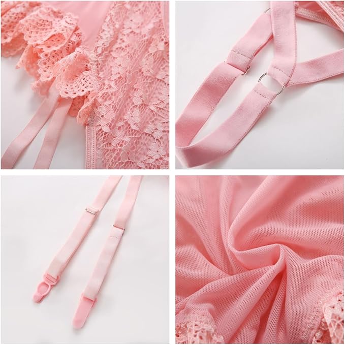 Satohom Women Sexy Lingerie One Size Mesh Lace Teddy Bodysuit with Garter Belt and Thigh Cuffs, One Piece Leotard Deep V Neck Stretchy Playsuits Ladies Adult Naughty Babydoll Floral Romper Pink, One Size