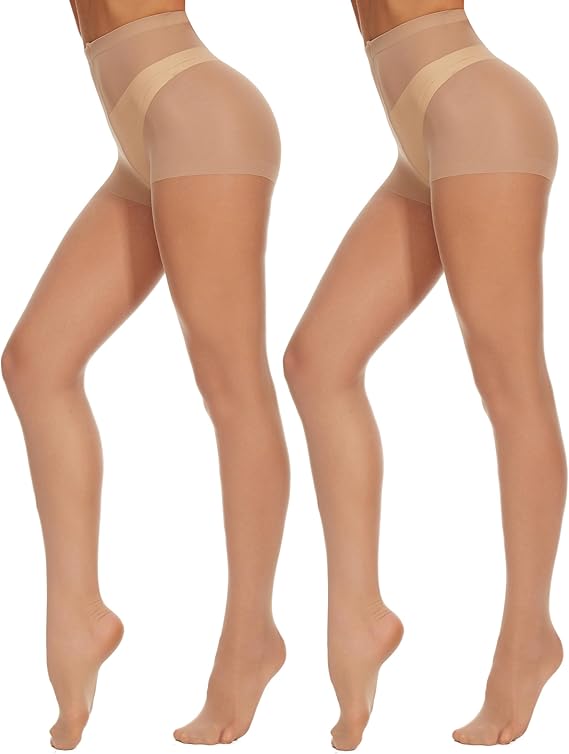 CozyWow 20 Denier Sheer Tights for Women,High Waist Control Top Silk Stockings,Comfortable Women's Pantyhose with Reinforced Toes 2Beige-L