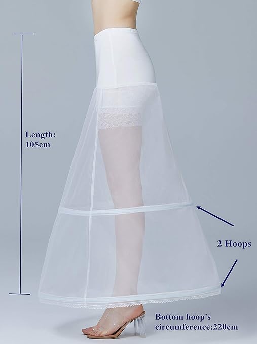 BEAUTELICATE Women's Petticoat Crinoline Long A-line Underskirt Tulle Half Slip With Hoops For Wedding Bridal Evening Dress Cosplay Medieval Costume(White - 2 Hoops, 6-10)
