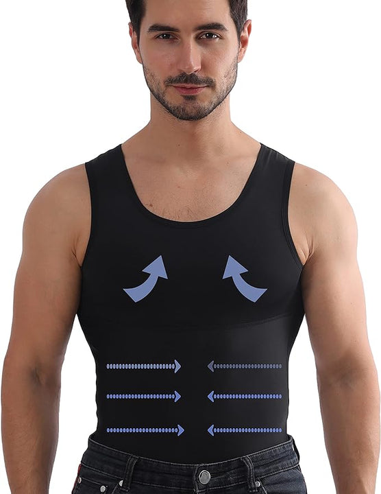 Henicepte Men Slimming Tummy Control Chest Compression Hide Gynecomastia Undershirt Shapewear, Black, Large