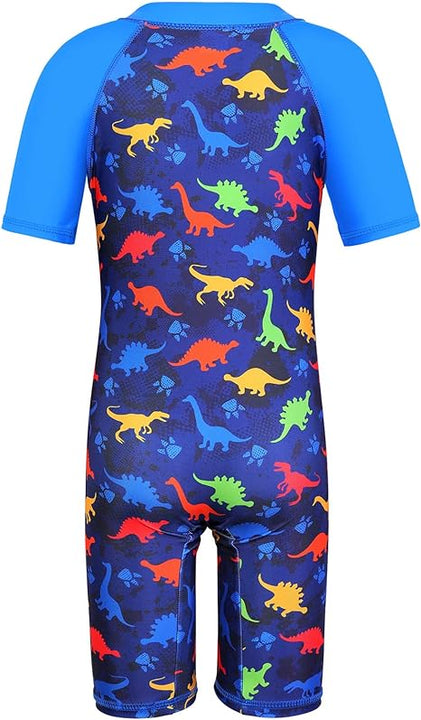 HUAANIUE Boys Kids 1 Piece Swimsuit Kids Boys Short Sleeve Zip Swimming Costume 2-10 Years, S245-Dinosaur Navy, 5-6 Years