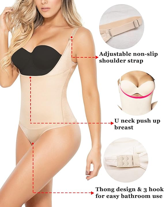 SHAPERX Shapewear for Women Tummy Control Thong Bodysuit Open Bust Body Shaper, Skin, Large