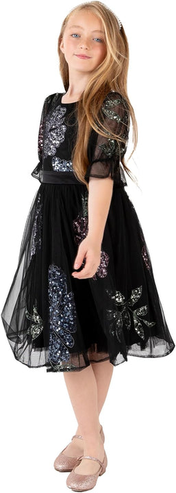 Maya Deluxe Girl's Midi Dress Floral Sequins Embellished Short Sleeve Puff Tulle Tutu Party Bridesmaids Wedding with Belt Bow, Black, 9-10 Years