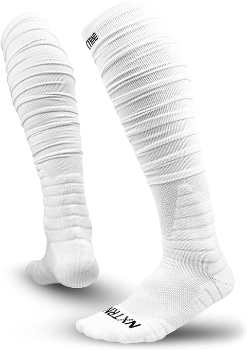 Nxtrnd XTD Scrunch Football Socks, Extra Long Padded Sports Socks for Men & Boys, White, Large