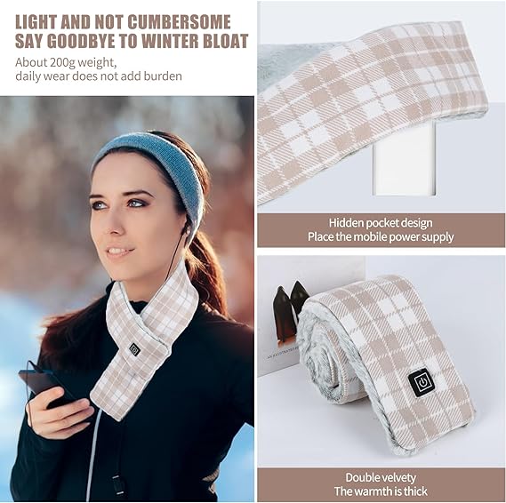 Heated Scarf,USB Heated Scarf with 3 Heating Levels Warm Winter Scarf Winter Electric Heated Neck Scarf for Neck Heating Pad for Thermal Neckerchief,Winter Gift for Women Men Outdoor Skiing (Khaki)
