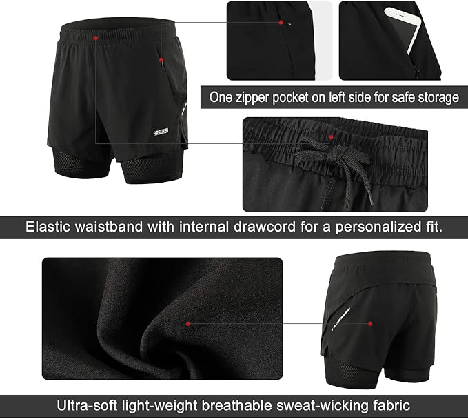 ARSUXEO Men's 2 in 1 Running Shorts Breathable Zipper Pocket B202 Black Size Large