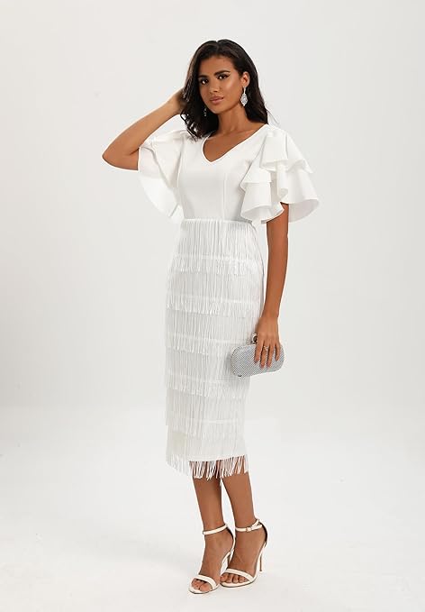 VERWIN Women's Fringe Maxi Dress High Waist V Neck Tiered Tassels Dress Ruffles Sleeve Bodycon Prom Dress M White