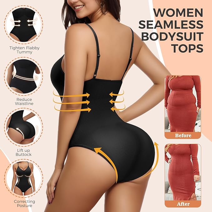 AURUZA Shapewear for Women Tummy Control, Women's Shapewear Bodysuit, Tummy Control Body Shaper for Women (Black, M)