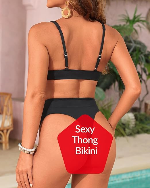 Yonique High Waisted Thong Bikini Set Two Piece Swimsuit High Cut Bikini V Neck Bathing Suit, Black, Large