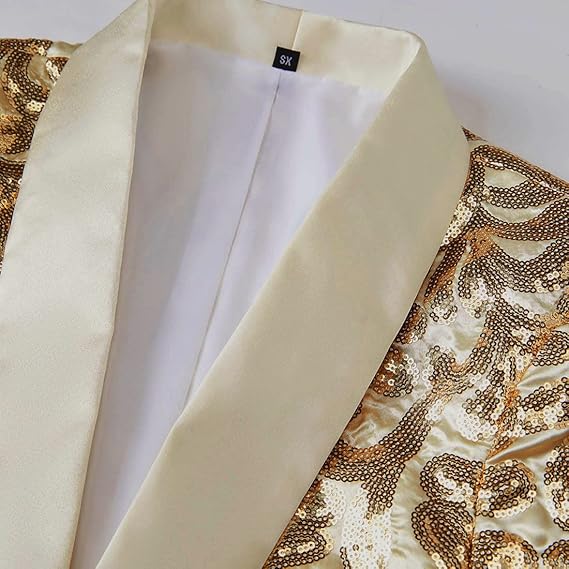 PYJTRL Men Stylish Satin Face Sequins Floral Pattern Suit Jacket Blazer (Gold, S)