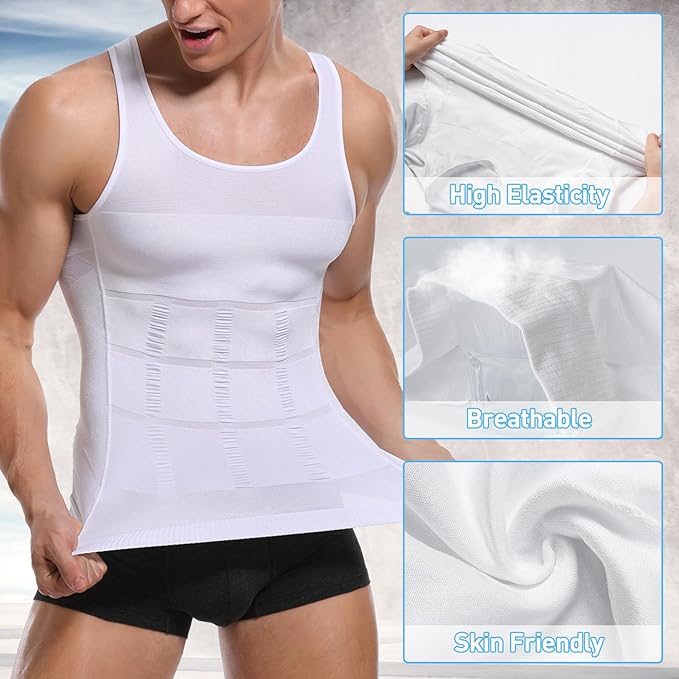 SLIMBELLE Men's Body Shaper Vest Slimming Vest Elastic Shapewear Compression Shirt for Men Slim Tummy Control Waist Trainer Shaper Tank Top, BlackWhite, L