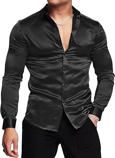 URRU Men's Luxury Shiny Silk Like Satin Dress Shirt Long Sleeve Casual Slim Fit Muscle Button Up Shirts Black L