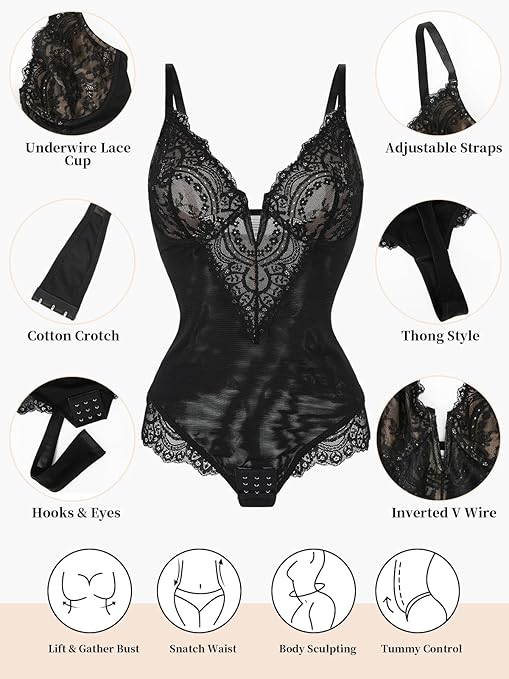 SHAPERIN Women Lace Bodysuit Shapewear Tummy Control Shaping Bodysuit Sexy Deep V Neck Bodysuit Top Body Shaper with Bra, Black, XL