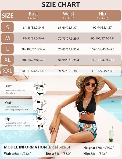 Tuopuda Women Two Piece Bikini Sets Deep V Neck Halter Top with High Waist Boyshorts Floral Print Swimsuit Plus Size Swimwear Bathing Suit