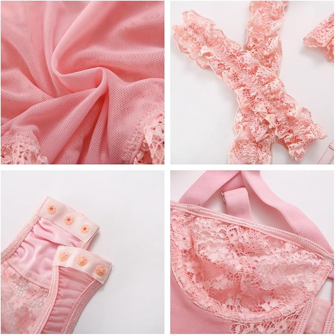 Satohom Women Sexy Lingerie One Size Mesh Lace Teddy Bodysuit with Garter Belt and Thigh Cuffs, One Piece Leotard Deep V Neck Stretchy Playsuits Ladies Adult Naughty Babydoll Floral Romper Pink, One Size