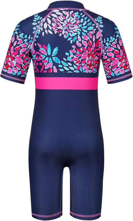HUAANIUE Long Swimsuit Girls Swimming 1pcs Swimwear UPF 50+ UV Sunsuit with Zipper 4-12Y Summer Swimming Sportswear(DaisyNavy,12A)