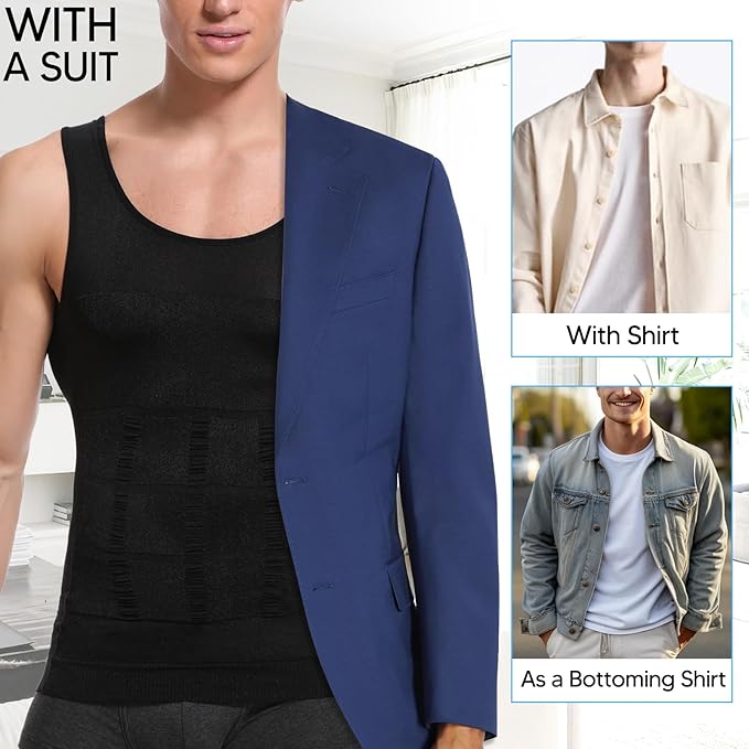 SLIMBELLE Men's Body Shaper Vest Slimming Vest Elastic Shapewear Compression Shirt for Men Slim Tummy Control Waist Trainer Shaper Tank Top, BlackWhite, L