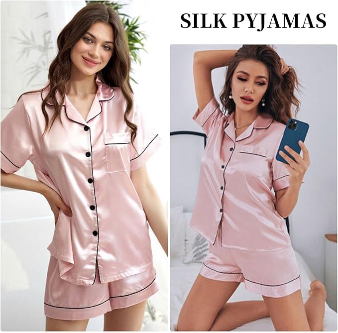 BBXWANG Womens Silk Satin Pajamas, Button up Cardigan Loungewear Pjs Shorts Set, Bridesmaid Short Sleeves Pyjamas Sleepwear Pink XL