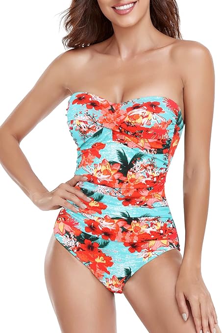 RELLECIGA Women's Tummy Control Swimwear Strapless One Piece Swimsuit for Women, Blue Floral, Medium