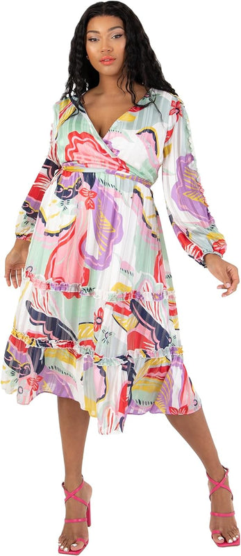 Lovedrobe Women's Plus Size Ladies Long Sleeve Maxi Dress Abstract Print Bishop Back Hole V-Neckline Faux Wrap Tie Belt Size 18