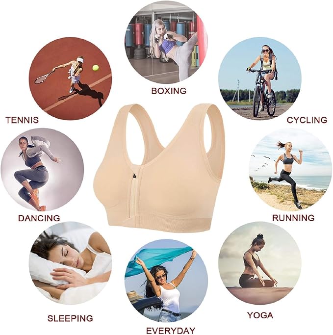 Tuopuda Women's Sports Bra Zip Front Comfy Post Surgery Bra High Impact Wireless Sports Running Bra Cross Back Support Bra with Removable Pads Yoga Bra for Workout Fitness, L