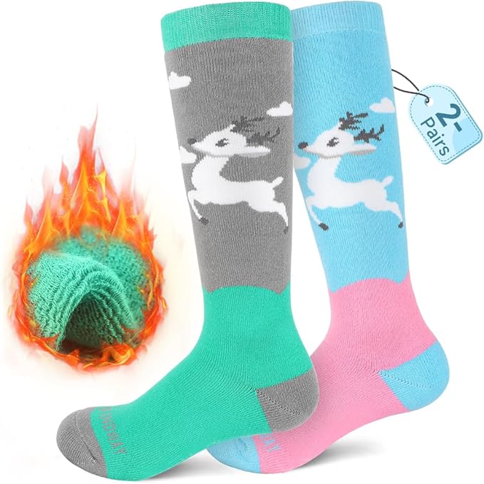 Findway Kids Ski Socks, Kids Thermal Socks 85% Cotton Boys Girls Snow Socks Soft Breathable Winter Outdoor Ski Socks for Skiing Skating Snowboarding, 2 Pairs