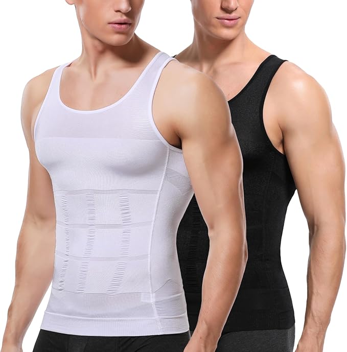 SLIMBELLE Men's Body Shaper Vest Slimming Vest Elastic Shapewear Compression Shirt for Men Slim Tummy Control Waist Trainer Shaper Tank Top, BlackWhite, L