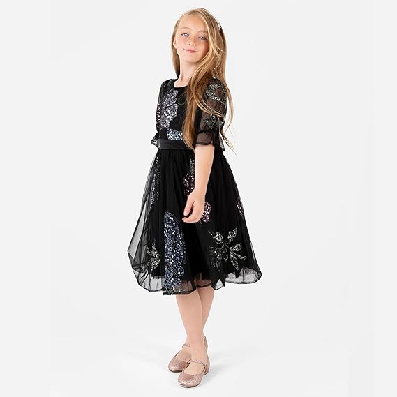 Maya Deluxe Girl's Midi Dress Floral Sequins Embellished Short Sleeve Puff Tulle Tutu Party Bridesmaids Wedding with Belt Bow, Black, 9-10 Years