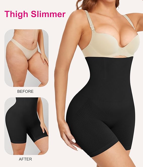 Nebility Womens Waist Trainer Shapewear Tummy Control Body Shaper Shorts Hi-Waist Butt Lifter Thigh Slimmer (M/L, Black)