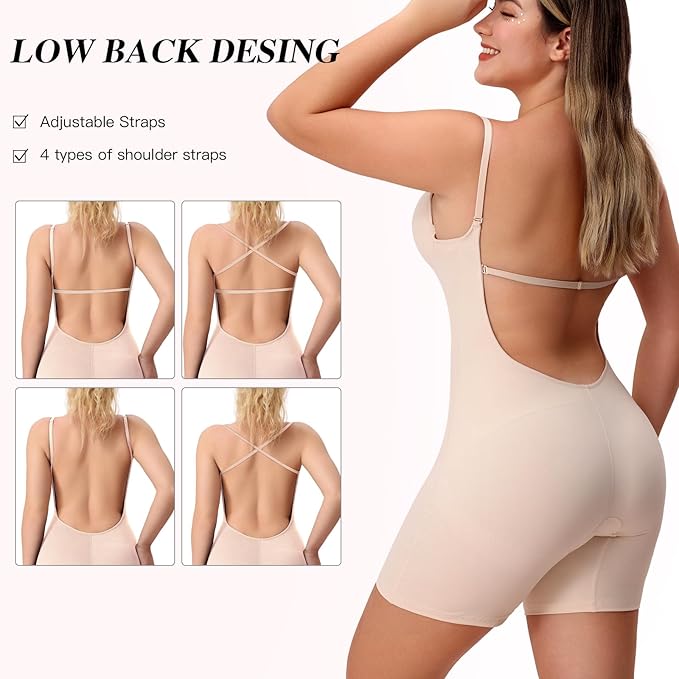 Slimers Women Backless Shapewear Bodysuit Tummy Control Full Body Shaper Low Back V Neck Shaping Bodysuit With Built In Bra, Beige, Small