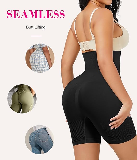 Nebility Womens Waist Trainer Shapewear Tummy Control Body Shaper Shorts Hi-Waist Butt Lifter Thigh Slimmer (M/L, Black)