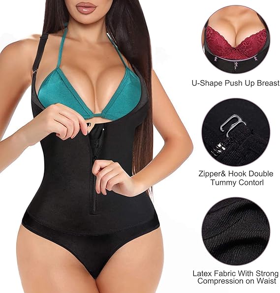 Gotoly Open Bust Bodysuit Women Latex Waist Trainer Compression Tummy Control Body Shaper Slim Zipper Hook Shapewear Waist Trainer Corset, L, Black