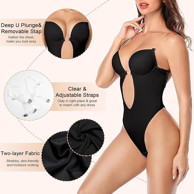 GWAWG Shapewear Bodysuit Women, Women's Deep V-Neck Clear Strap Body Bra for Parties, Dresses, Weddings (Black, XL)