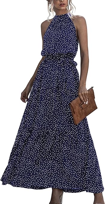 EFOFEI Women's Sleeveless Long Summer Dress Off Shoulder Elegant Dress Plain Swing Dress Halterneck Maxi Evening Dress, Royal Blue Polka Dot, L